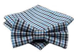 Niebiesko-Granatowa Męska Mucha w Drobną Kratkę - ALTIES - z Taką Samą Poszetką. Niebieskie krawaty i muchy męskie Alties, bez wzorów, eleganckie. Za 40.00 zł.