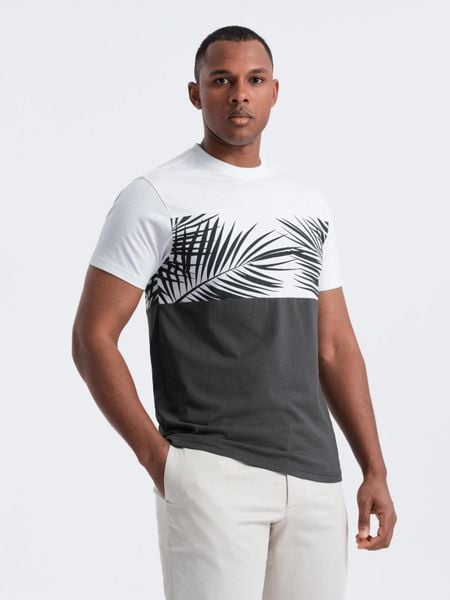 Męski t-shirt dwukolorowy z nadrukiem w liście palmy - grafitowy V2 - Rozmiar: M. Szare t-shirty męskie Ombre Clothing, na lato, m, bez wzorów, z bawełny, bez kołnierzyka. W wyprzedaży za 38.50 zł.