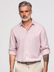 Wiskozowo-lniana koszula męska o kroju regular - pastelowy róż V3 - Rozmiar: L. Czerwone koszule męskie Ombre Clothing, l, bez wzorów, z denimu, bez kołnierzyka, bez ramiączek. Za 289.99 zł.