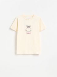 T-shirt z nadrukiem Fuggler - beżowy. Brązowe koszulki dziewczęce Reserved, bez wzorów, z bawełny, bez ramiączek. Za 45.99 zł.