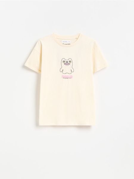 T-shirt z nadrukiem Fuggler - beżowy. Brązowe koszulki dziewczęce Reserved, bez wzorów, z bawełny, bez ramiączek. Za 45.99 zł.