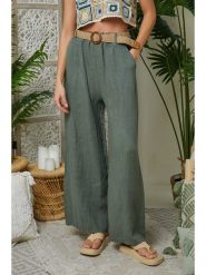 Lin Passion Lniane spodnie w kolorze khaki rozmiar: 36/38. Brązowe spodnie materiałowe damskie Lin Passion, bez wzorów, ze lnu, klasyczne, z standardowym stanem. Za 175.67 zł.