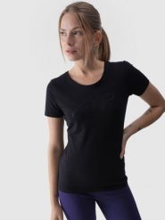 4F T-shirt slim z nadrukiem damski - czarny L. Czarne t-shirty damskie 4f, l, bez wzorów, z bawełny, bez kołnierzyka. W wyprzedaży za 39.99 zł.