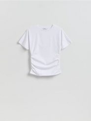 Taliowany t-shirt w paski - biały. Białe t-shirty damskie Reserved, l, bez wzorów, z bawełny, bez kołnierzyka. Za 69.99 zł.