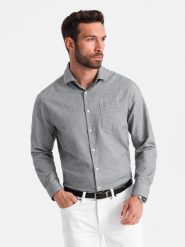 Koszula męska z kieszenią REGULAR FIT - szary melanż V3 OM-SHCS-0148 - XXL. Szare koszule męskie Ombre Clothing, l, bez wzorów, z bawełny, bez kołnierzyka, bez ramiączek. W wyprzedaży za 49.99 zł.