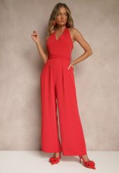 Czerwony Kombinezon o Taliowanym Kroju z Dekoltem Halter i Wiązanym Paskiem Malisena. Czerwone kombinezony damskie Renee, l, bez wzorów, eleganckie, bez kołnierzyka, bez ramiączek. Za 99.99 zł.
