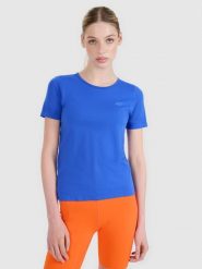 4F Koszulka do biegania w terenie regular damska - niebieska M/L. Niebieskie bluzki sportowe damskie 4f, l, bez wzorów, z dzianiny, bez ramiączek. Za 59.99 zł.