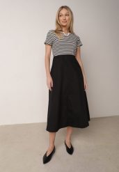 Biało-Czarna Rozkloszowana Sukienka z Bawełny Imitująca Bluzkę w Paski i Spódnicę Chathusa. Białe sukienki damskie Born2be, na co dzień, na lato, l, bez wzorów, z bawełny, casualowe, bez kołnierzyka, bez ramiączek, midi, proste. Za 99.99 zł.