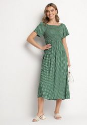 Zielona Sukienka z Bawełny o Rozkloszowanym Kroju w Kropeczki Lisadrisa. Zielone sukienki damskie Born2be, na co dzień, m, bez wzorów, z bawełny, eleganckie, bez kołnierzyka, bez ramiączek, midi, rozkloszowane. W wyprzedaży za 51.99 zł.