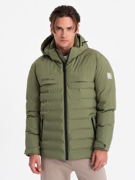 Zimowa kurtka męska z odpinanym kapturem - oliwkowa V1. Zielone kurtki męskie Ombre Clothing, na zimę, m, bez wzorów. Za 369.99 zł.