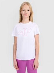 4F T-shirt regular z nadrukiem dziewczęcy - biały 128 (7-8 lat). Białe koszulki dziewczęce 4f, bez wzorów, z bawełny, bez ramiączek. Za 39.99 zł.