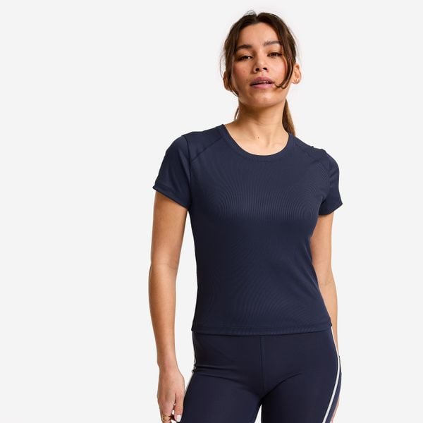 Koszulka fitness damska Domyos prążkowana. Niebieskie bluzki damskie DOMYOS, xl, bez wzorów, z elastanu, sportowe, bez kołnierzyka, bez ramiączek. Za 69.99 zł.