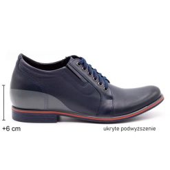 Olivier Buty męskie podwyższające P24 granatowe niebieskie. Niebieskie buty wizytowe męskie ze skóry, bez zapięcia. Za 423.31 zł.