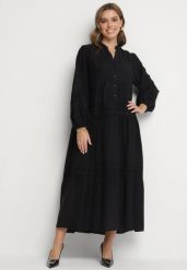 Czarna Rozkloszowana Sukienka z Wiskozy z Koronkowymi Wstawkami Nalanieth. Czarne sukienki damskie Born2be, na co dzień, l, bez wzorów, z koronki, eleganckie, bez kołnierzyka, bez ramiączek, maxi, kopertowe. W wyprzedaży za 143.99 zł.
