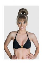 MOSCHINO SWIM Góra od bikini złote metalowe logo. Czarne bikini damskie MOSCHINO, bez wzorów. W wyprzedaży za 269.99 zł.