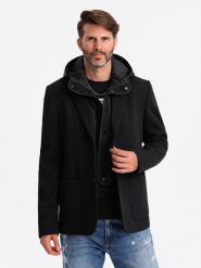 Marynarka męska z podpinką z wysokim kołnierzem i kapturem – czarna V2 OM-BLZB-0133 - XXL. Niebieskie marynarki męskie Ombre Clothing, z aplikacjami, z dzianiny. Za 251.99 zł.