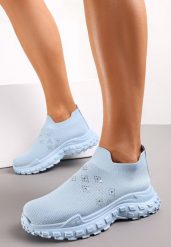 Jasnoniebieskie Buty Sportowe na Grubej Podeszwie z Elastyczną Cholewką z Cyrkoniami Kolby. Niebieskie buty sportowe na co dzień damskie Renee, bez wzorów. Za 49.99 zł.