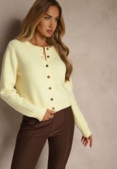 Żółty Prosty Kardigan z Wełną z Okrągłym Dekoltem Reianvela. Żółte kardigany damskie Renee, m, bez wzorów, z dzianiny. Za 139.99 zł.