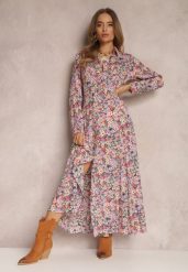 Fioletowa Sukienka Koszulowa w Kwiaty Mirannie. Fioletowe sukienki damskie Renee, s, bez wzorów, boho, bez kołnierzyka, bez ramiączek, maxi, koszulowe. W wyprzedaży za 41.99 zł.