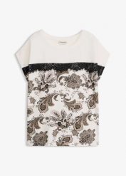 Koszulka oversize z koronkową tasiemką. Białe bluzki damskie bonprix, bez wzorów, z koronki, eleganckie, bez kołnierzyka, bez ramiączek. Za 32.99 zł.