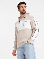 Bawełniana męska bluza z kapturem z kontrastującymi elementami - beżowa V2 OM-SSNZ-0225 - XXL. Białe bluzy z kapturem męskie Ombre Clothing, l, z bawełny. Za 137.99 zł.