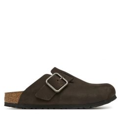 Klapki Birkenstock. Brązowe klapki damskie Birkenstock, bez wzorów, bez obcasa. Za 779.99 zł.