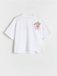 Bawełniany t-shirt z nadrukiem - złamana biel. Koszulki dziewczęce Reserved, bez wzorów, z bawełny, bez ramiączek. W wyprzedaży za 32.99 zł.