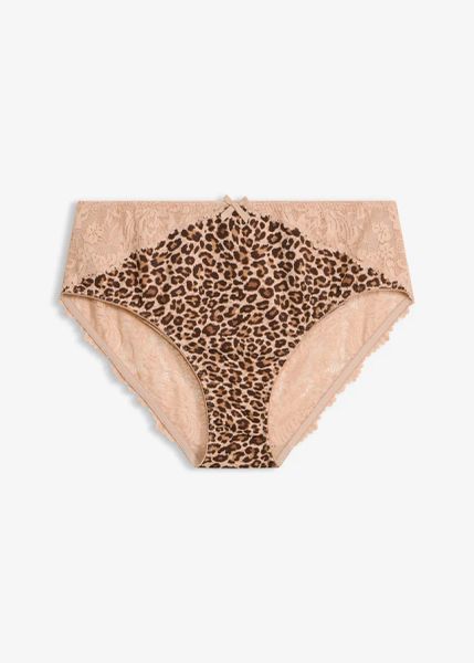 Figi maxi w panterkę. Brązowe figi damskie bonprix, bez wzorów, z koronki. Za 39.99 zł.