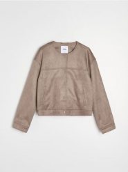 Kurtka bomber z imitacji zamszu - fioletowy. Fioletowe kurtki damskie Sinsay, l, bez wzorów, bez kaptura. Za 69.99 zł.