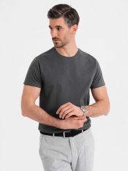 Męski klasyczny bawełniany T-shirt BASIC - grafitowy V15 OM-TSBS-0236 - XXL. Szare t-shirty męskie Ombre Clothing, l, bez wzorów, z bawełny, bez kołnierzyka. W wyprzedaży za 39.99 zł.