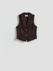 Lniana kamizelka - ciemnobrązowy. Brązowe kamizelki damskie Reserved, l, z tkaniny. Za 149.99 zł.