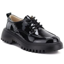 Skórzane półbuty damskie grunge lakierowane czarne Artiker 59C1128. Czarne półbuty damskie Artiker, bez wzorów, z lakierowanej skóry, bez obcasa. Za 299.99 zł.