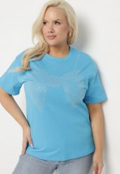 Niebieski T-shirt ze Wzorem z Cyrkonii Olisellea. Niebieskie t-shirty damskie Born2be, xl, bez wzorów, z bawełny, bez kołnierzyka. Za 44.99 zł.
