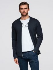 Sweter męski gładki na zamek – granatowy V1 - Rozmiar: S. Niebieskie swetry męskie Ombre Clothing, m, bez wzorów, z dzianiny, bez kołnierzyka. Za 239.99 zł.