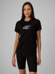 4F T-shirt regular z nadrukiem damski - czarny L. Czarne t-shirty damskie 4f, l, bez wzorów, z bawełny, bez kołnierzyka. Za 59.99 zł.