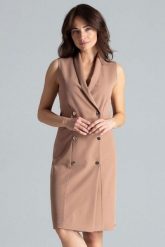 Elegancka żakietowa sukienka z kopertowym dekoltem bezowa. Brązowe sukienki damskie Sukienki.shop, do pracy, l, bez wzorów, biznesowe, bez kołnierzyka, bez ramiączek, midi, kopertowe. Za 239.00 zł.