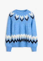 Sweter w norweski wzór, z zygzakowatymi paskami. Niebieskie swetry klasyczne damskie bonprix, bez kołnierzyka. Za 139.99 zł.