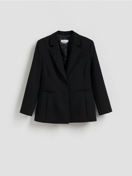 Jednorzędowa marynarka - czarny. Czarne marynarki i żakiety damskie Reserved, l, bez wzorów, z tkaniny. W wyprzedaży za 179.99 zł.