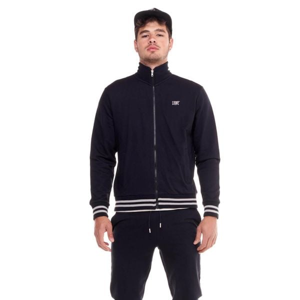 Bluza z bawełna z zamek błyskawiczny na co dzień. Czarne bluzy bez kaptura męskie LEONE 1947 APPAREL, bez wzorów, z bawełny, sportowe, bez kołnierzyka, bez ramiączek. W wyprzedaży za 134.57 zł.