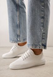 Białe Minimalistyczne Tenisówki z Imitacji Skóry z Drobną Perforacją Lalosa. Białe trampki i tenisówki damskie Born2be, bez wzorów, z dzianiny. Za 59.99 zł.