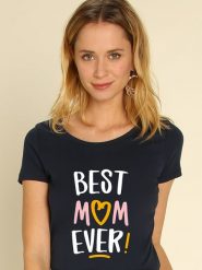 WOOOP Koszulka "Best Mom Ever" w kolorze granatowym rozmiar: L. Niebieskie bluzki damskie Wooop, l, bez wzorów, z bawełny, bez kołnierzyka, bez ramiączek. Za 79.03 zł.