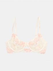 Koronkowy biustonosz z fiszbinami z motywem kwiatowym - różowy. Czerwone biustonosze Sinsay, bez wzorów, z koronki. Za 25.99 zł.