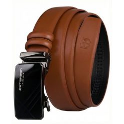 Pasek męski w jasnobrązowym kolorze wykonany ze skóry naturalnej z automatyczną, czarną klamrą Peterson PTN A014-AB TAN. Brązowe paski męskie Peterson, bez wzorów, ze skóry, eleganckie. Za 59.99 zł.