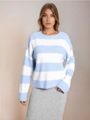 Sweter w paski - błękitny. Niebieskie swetry klasyczne damskie Sinsay, l, bez kołnierzyka. Za 49.99 zł.