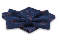 Granatowa Mucha Męska -ALTIES- z Taką Samą Poszetką, w Czerwony Wzór Paisley. Czerwone krawaty i muchy męskie Alties, bez wzorów, eleganckie. Za 54.00 zł.