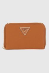 GUESS Brązowy portfel damski Laurel. Brązowe portfele damskie Guess, z aplikacjami, ze skóry ekologicznej. W wyprzedaży za 137.99 zł.