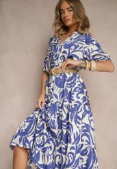 Niebieska Rozkloszowana Sukienka z Wiskozy Ozdobiona Falbaną Filesenia. Niebieskie sukienki damskie Renee, na spotkanie biznesowe, l, bez wzorów, z wiskozy, eleganckie, bez kołnierzyka, bez ramiączek, midi, rozkloszowane. W wyprzedaży za 79.99 zł.