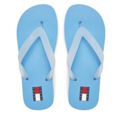 Japonki Tommy Jeans. Niebieskie klapki damskie Tommy Jeans, bez wzorów, z jeansu, bez obcasa. Za 109.99 zł.