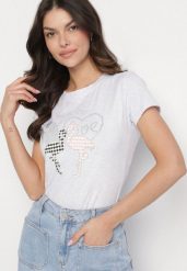 Jasnoszary T-shirt z Bawełny z Cyrkoniami i Nadrukiem Listebia. Szare t-shirty damskie Born2be, m, bez wzorów, z bawełny, bez kołnierzyka. Za 34.99 zł.