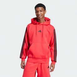 Bluza z kapturem Essentials 3-Stripes Fleece. Czarne bluzy sportowe męskie Adidas, bez wzorów, z materiału, sportowe, bez kołnierzyka, bez ramiączek. W wyprzedaży za 172.98 zł.